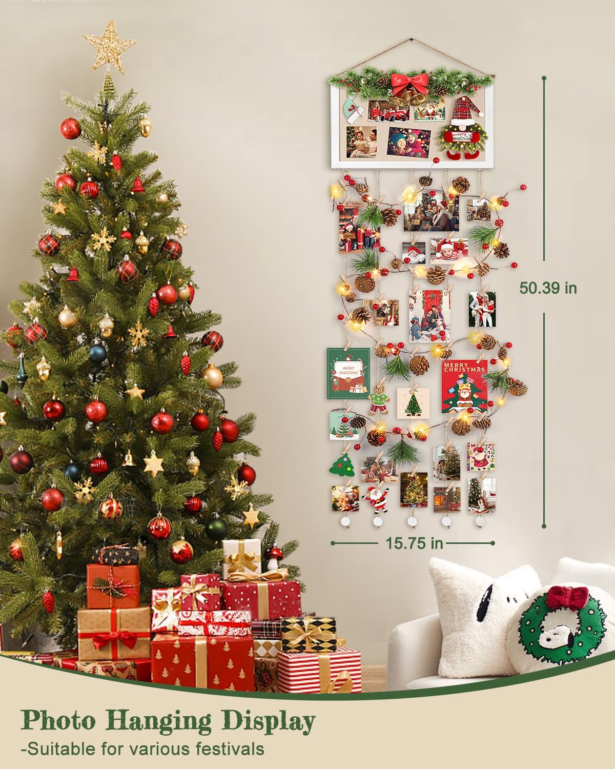 Bikoney Large Collage Picture Frame with Bulletin Board, Hanging Photo Display for Multiple Pictures, Wall Photo Organizer with 30 Clips & 6 Pushpins, Self Adhesive Hooks – No Drill Wood Photo Board for Room Decor