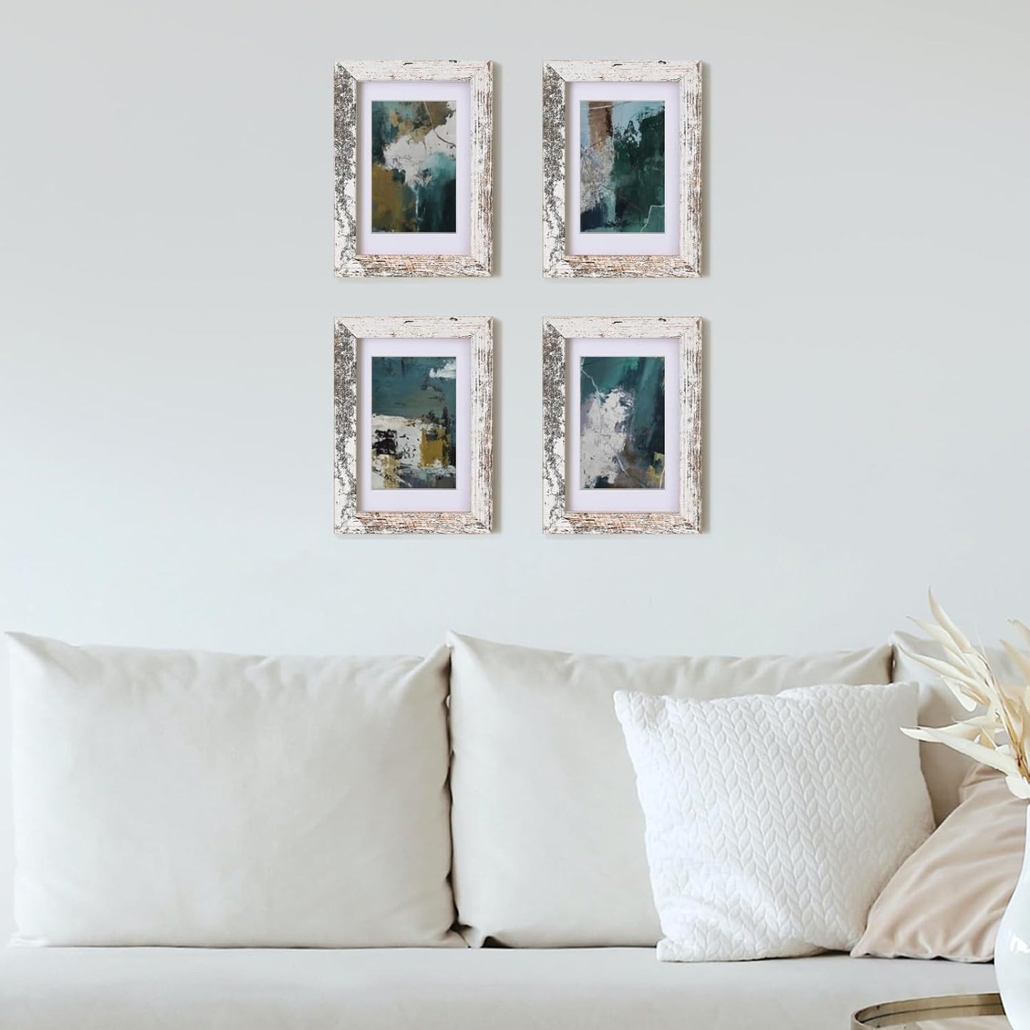 Egofine 4x6 Picture Frames Set of 4, Made of Solid Wood Covered by Plexiglass 3.5x5 with Mat or 4x6 without Mat, for Table Top Display and Wall Mounting Photo Frame Rustic White