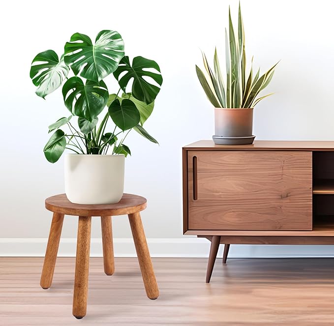 Round Solid Wooden Step Stool Garden Stool 15.8''H Plant Stool Wood Legs Detachable for Plant Stand, Kitchen, Bathroom Bedroom Livingroom (Walnut, 15.8inch)