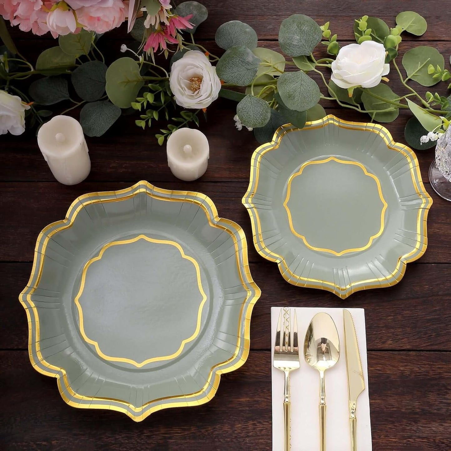 Efavormart 25 Pack Sage Green Dinner Paper Plates With Scalloped Gold Rim, 10" Disposable Party Plates - 300 GSM
