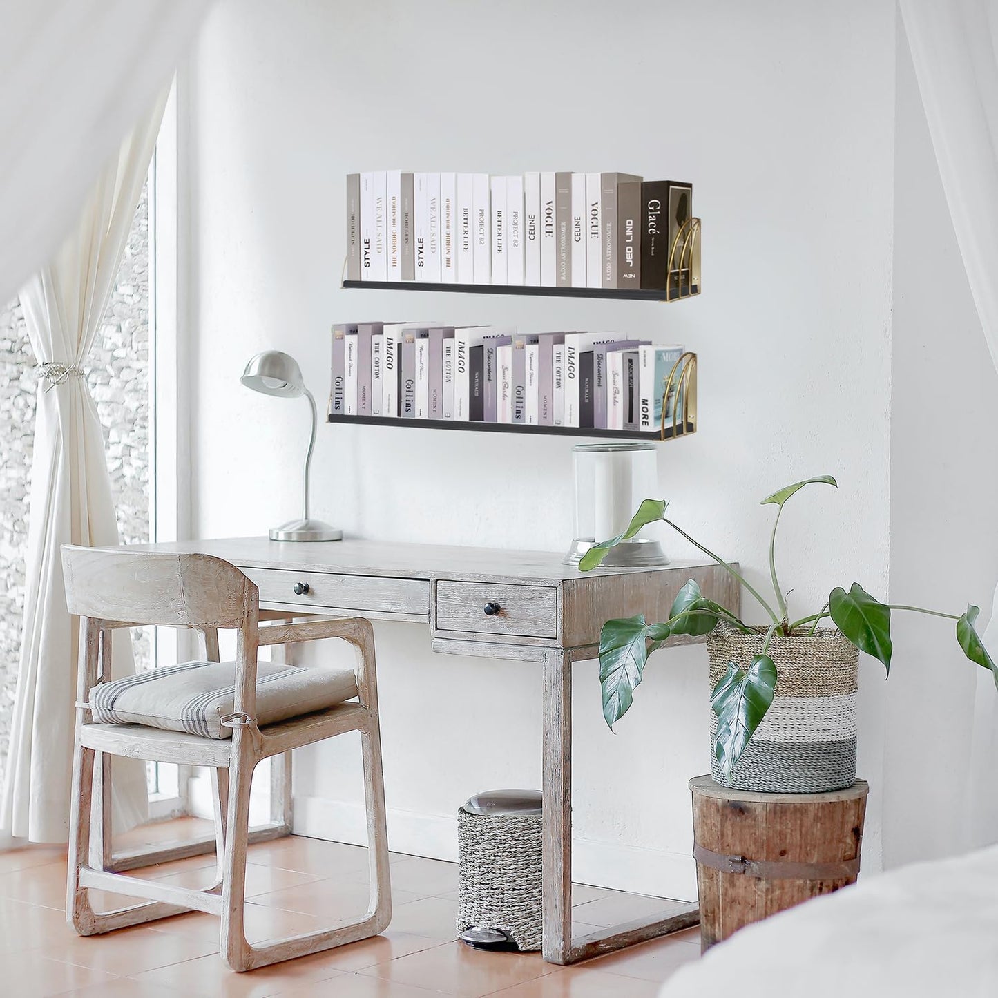 Black Floating Shelves Pine Wood 23.5×7.87 Inch Black Floating Bookshelf with Elegant Lines,Long Gold Shelves,Black and Gold Floating Shelves for Floating Book Shelf Set of 2.