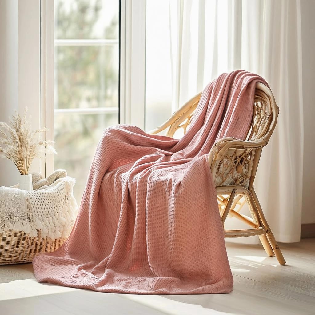 ISAENNE Pink Thin Waffle Weave 100% Cotton Throw Blanket,Solid Color Breathable Soft Cooling Blanket,Lightweight and Skin Friendly Blankets for Bed,Camp,All-Season Use,Christmas,80x60 Inches
