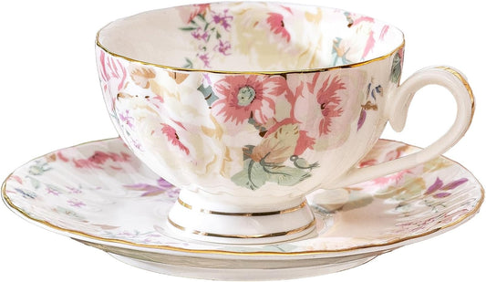 fanquare Pink Floral Tea Cup and Saucer Set with Spoon, 8 Ounce Porcelain Coffee Cup with Gold Trim, Vintage Peony Teacups for Women and Tea Parties