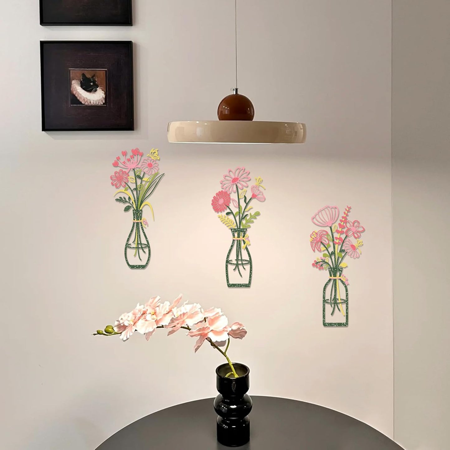 Iron Metal Vase Flower Wall Art Set of 3 - Minimalist Black Floral Decor for Living Room Bedroom Kitchen, Office Garden - Modern Farmhouse Home Decor & Housewarming Gifts (Green-Pink)