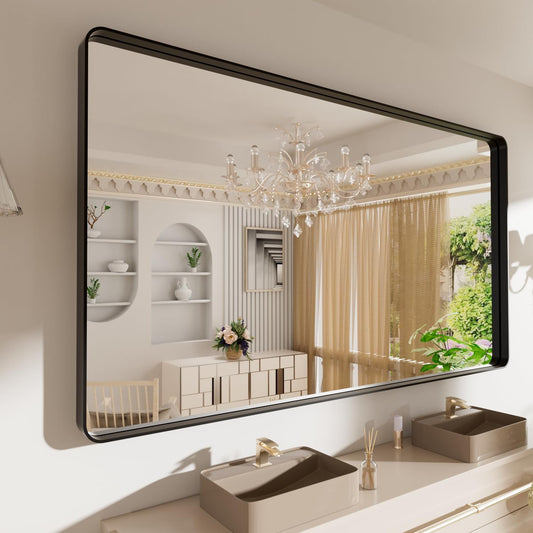 LOAAO 72X40 Inch Black Metal Framed Bathroom Mirror for Wall, Matte Black Bathroom Vanity Mirror Farmhouse, Large Rounded Rectangle Mirror, Anti-Rust, Tempered Glass, Hangs Horizontally or Vertically