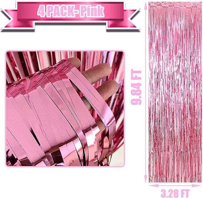 4 Pack Pink Foil Fringe Curtain Backdrop, 3.3Ft x 9.8Ft Metallic Tinsel Foil Fringe Streamers Curtains for Photo Booth, Wedding, Bachelorette, Birthday, Valentine's Day, Carnival Party Decoration