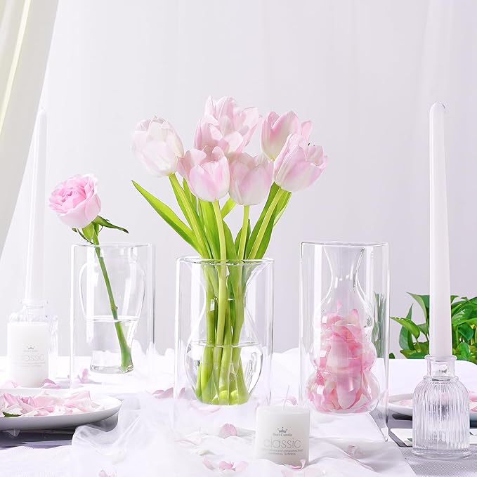 ZENS Unique Clear Small Flower Vase Set of 3, Modern Floating Decorative Vases, Double Hollow Cool Glass Vases, Hand Blown Bud Vases for Home Small Bouquet, Wedding Centerpieces