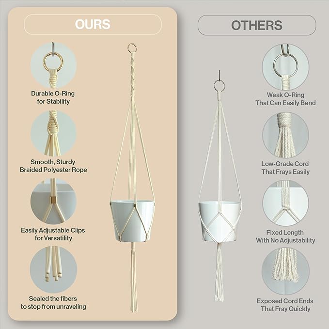 Macrame Plant Hanger Polyester Rope 42 Inch Outdoor Indoor Adjustable Hanging Planter for up to 10 Inch Plant Pot Modern Boho Home Decor (1, Ivory/Light Gold)