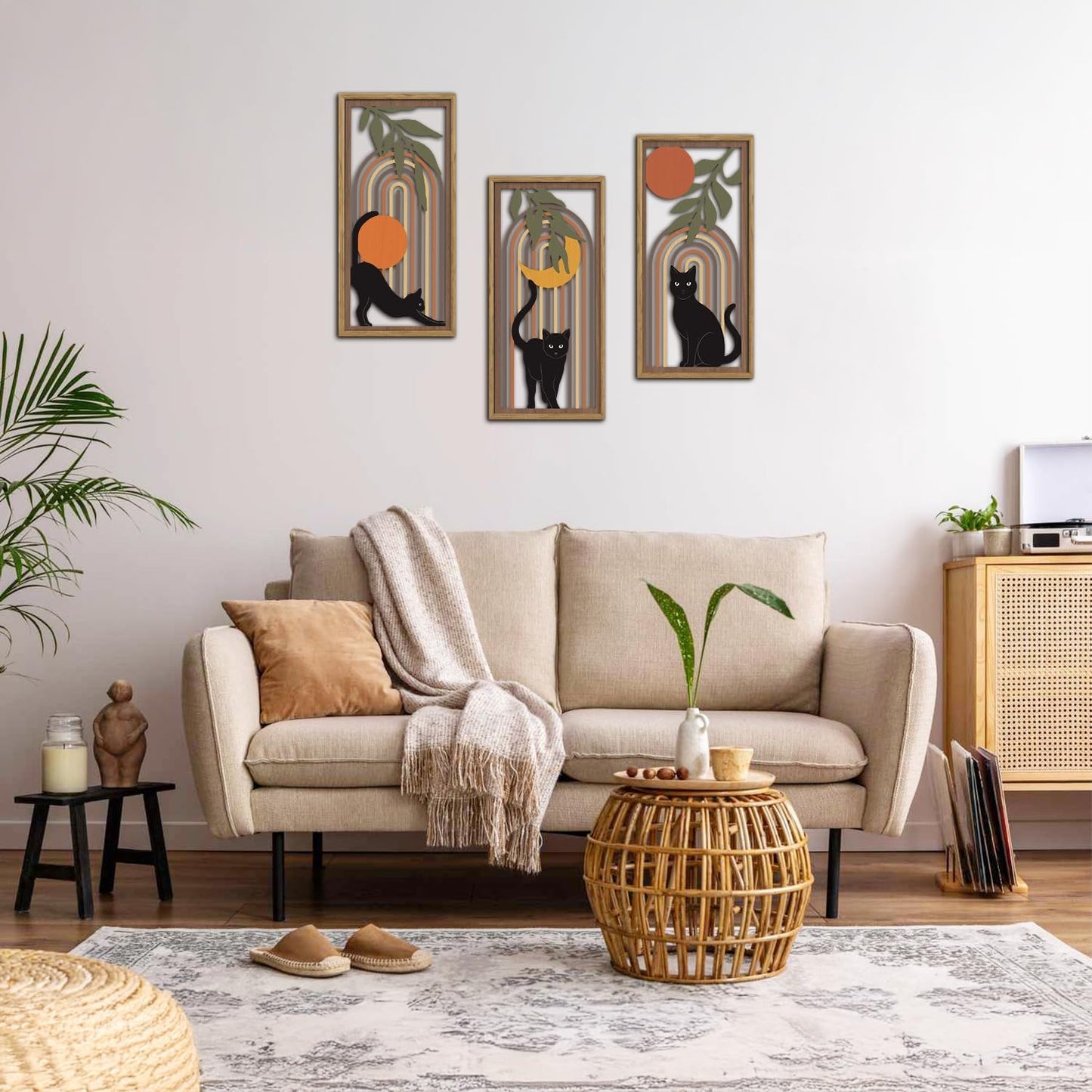KAIRNE Boho Black Cat Wall Decor,Mid Century Bohemian Wooden Wall Art Set of 3(16”X8”),Farmhouse Geometric Hanging Wood Wall Decor,Abstract Moon Sun Leaves for Living Room Bedroom Nursery Decoration