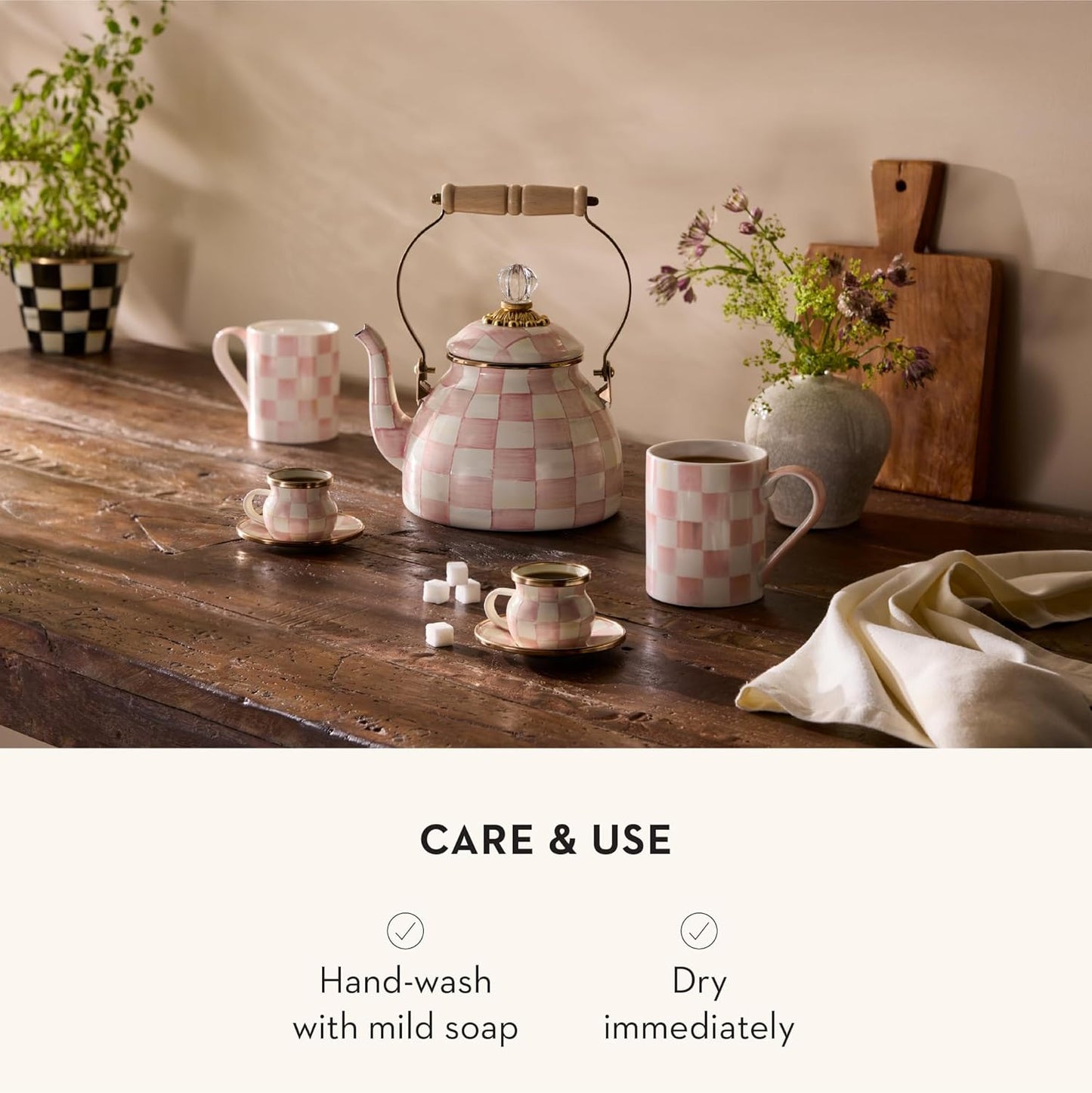 MACKENZIE-CHILDS Porcelain Mug, Tea and Coffee Mug, Pink-and-White Rosy Check