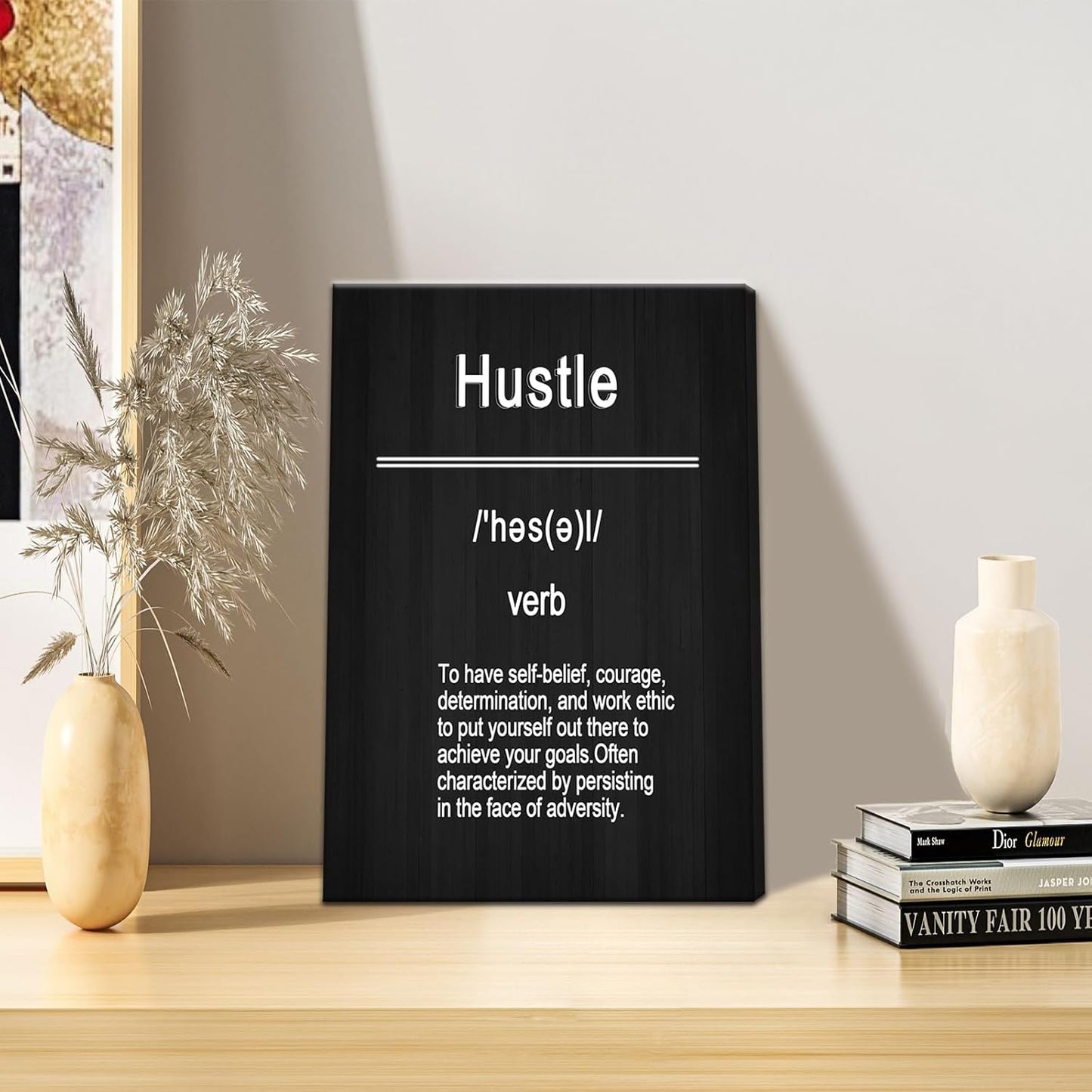 Inspirational Canvas Wall Art Hustle Motivational Entrepreneur Quotes Framed Picture Print Positive Poster Painting Wall Decor Artwork for Modern Home Bathroom Bedroom Ready to Hang [12''Wx18''H]