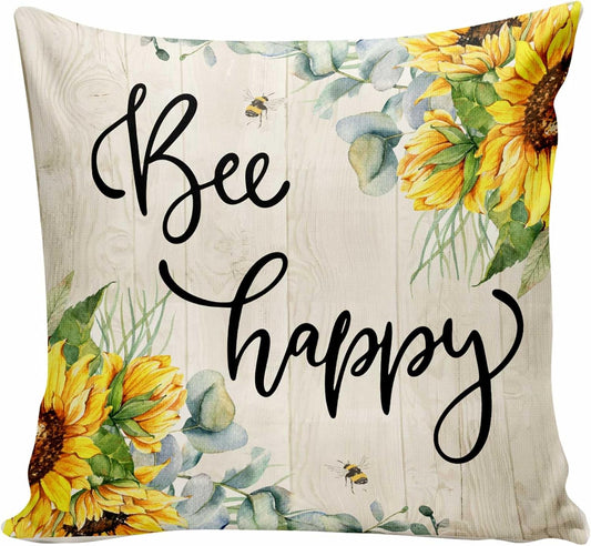 Bee Happy Sunflower Throw Pillow Cover 18x18 Inch,Spring Summer Sweet Bee Honey Pillow Covers Farmhouse Home Decorative Pillow Case