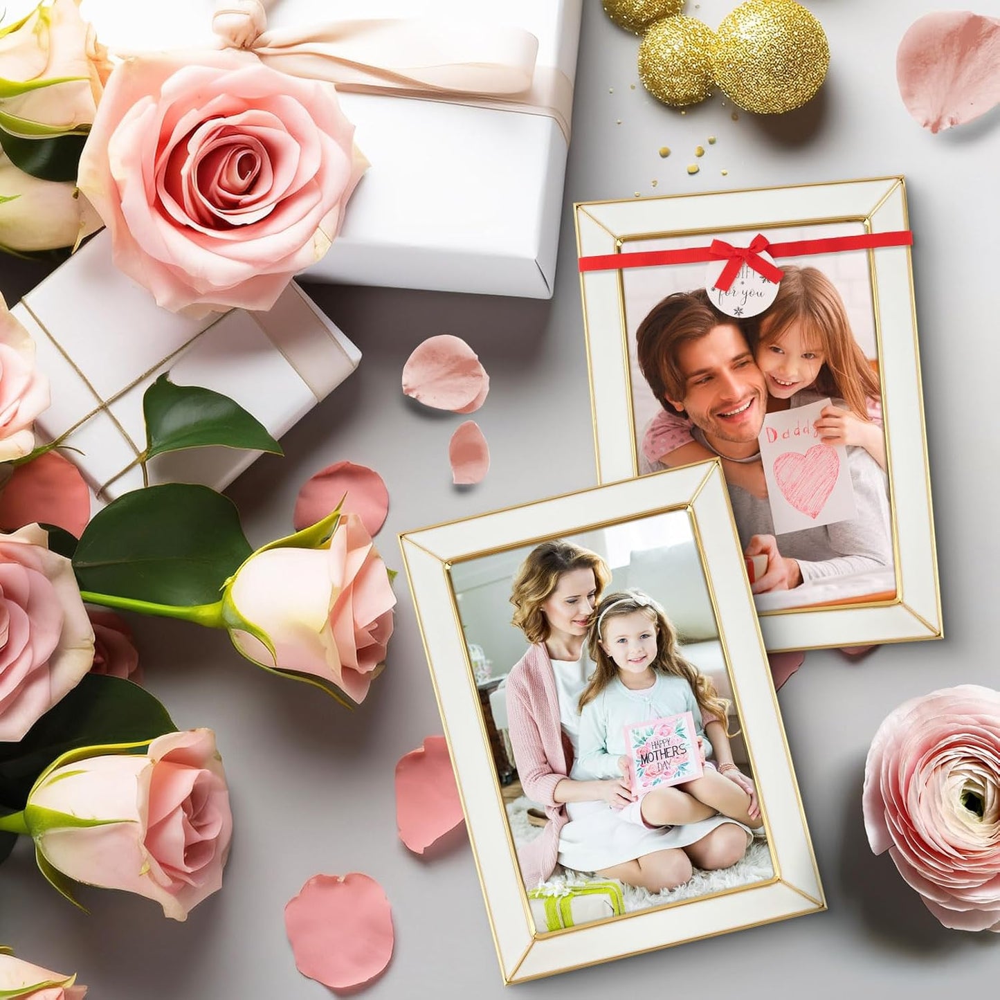 Frametory Enamel Picture Frame - 4x6 Gold Metal Edge White Enamel Picture Frame With Easel and Velvet Back for Tabletop Display, Bookshelf, 4x6 Wall Decoration, Photo Frames-2 Set