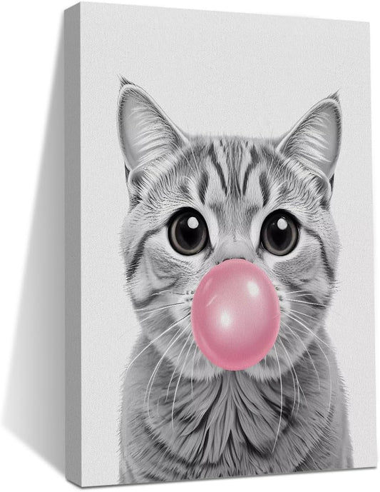 HZMLYDJ Tabby cat Wall Art Decor, Cute Cat Bubble Gum Wall Art Gifts for Girl Women Toddler Room Bedroom Living Room Bathroom Home Baby Nursery Poster Wall Decor Ready To Hang Aesthetic