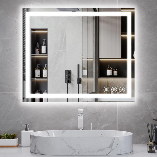 Koonmi 36"x24" LED Mirror for Bathroom, 90CRI Anti-Fog Vanity Mirror with Front and Backlight, Shatter-Proof Wall Mirror with Light, Easy Install Lighted Mirror for Modern Bathroom (IP65)