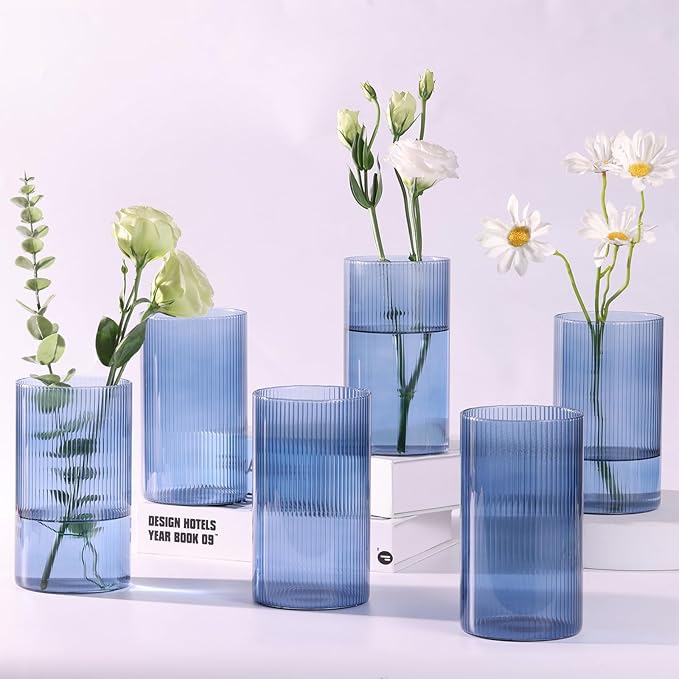 Glass Cylinder Vases, Bud Vase for Wedding Centerpieces, 6 Inch Tall Ribbed Vase Hurricane Floating Candle Holder, Decorative Flower Vases for Wedding Reception, Home Decor, Housewarming Gift (Blue)