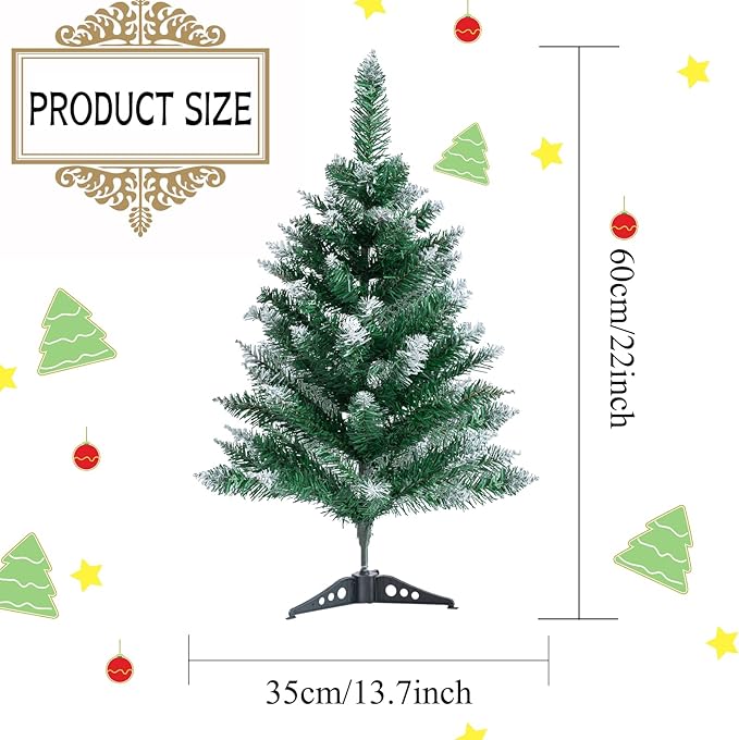 2Ft Artificial Christmas Tree Green Tabletop Christmas Tree with Flocking Snow Frost Tips Plastic Stand Mini Xmas Pine Tree for Party Supplies Indoor Outdoor Holiday Home Decoration