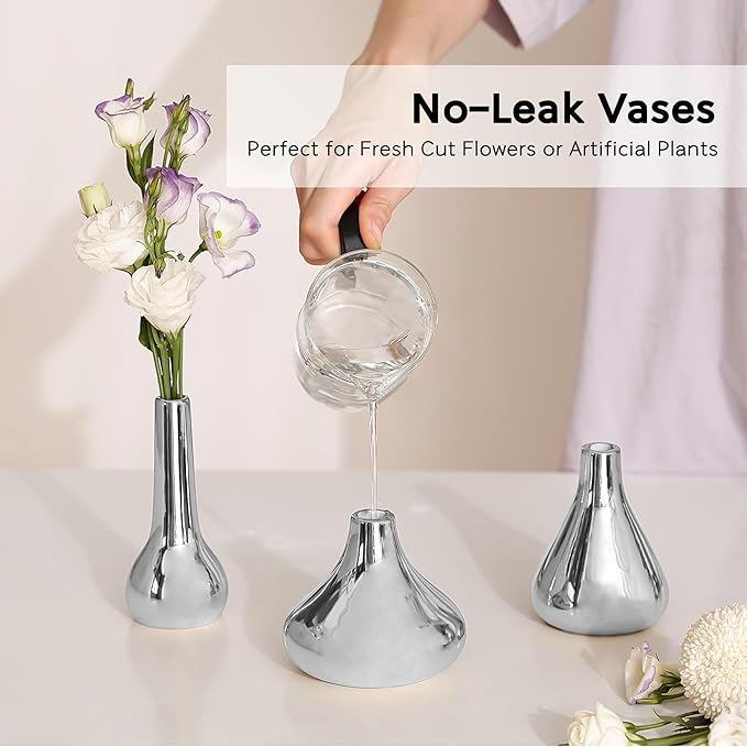 Silver Vases (Set of 3) by Port&Petal – Small Bud Vases 3.5-5” Tall with Reflective Finish | Silver Home Decor, Accent for Living Room, Table Decor, Wedding Table Centerpiece Decoration