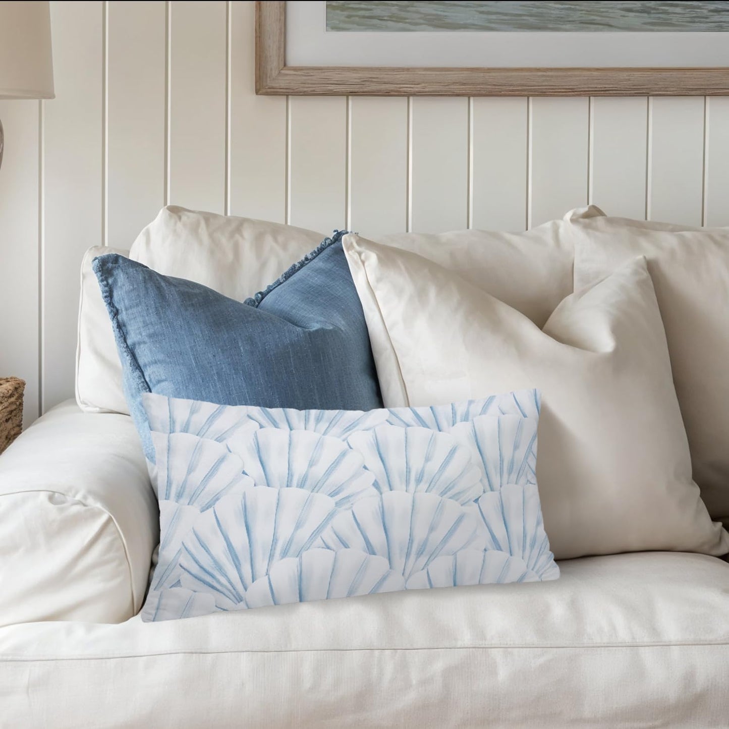 Coastal Beach Room Decor 12x20 Pillow Cover, Blue Seashell Ocean Coastal Beachy Decorative Lumbar Pillow Covers for Bedroom Living Room Home Sofa Couch