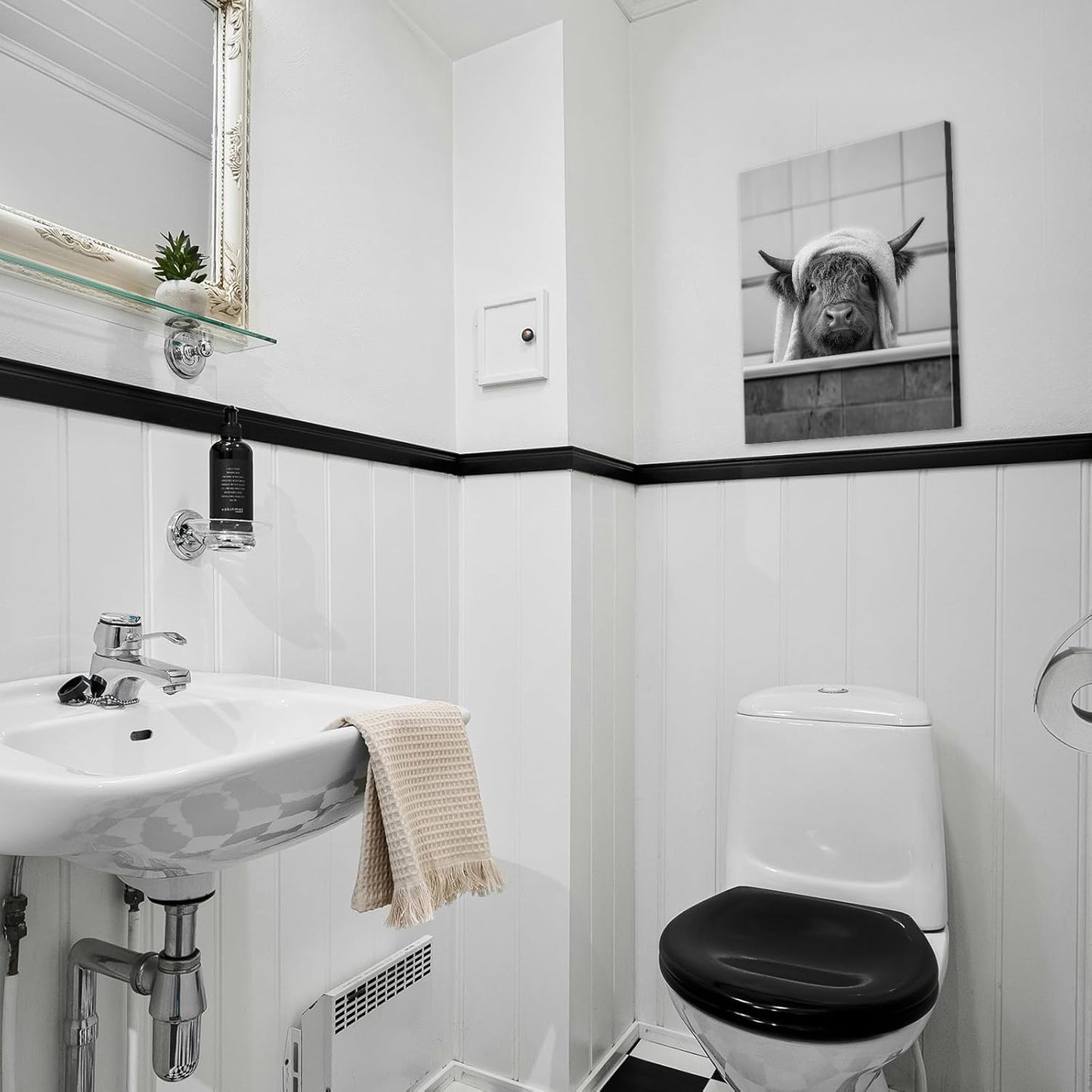 Funny Highland Cow Wall Art with Wooden Frame Ready to Hang - 12x15.7 Inch Waterproof Funny Decor Bathroom Decor, Bathroom Highland Cow Pictures Wall Art for Room