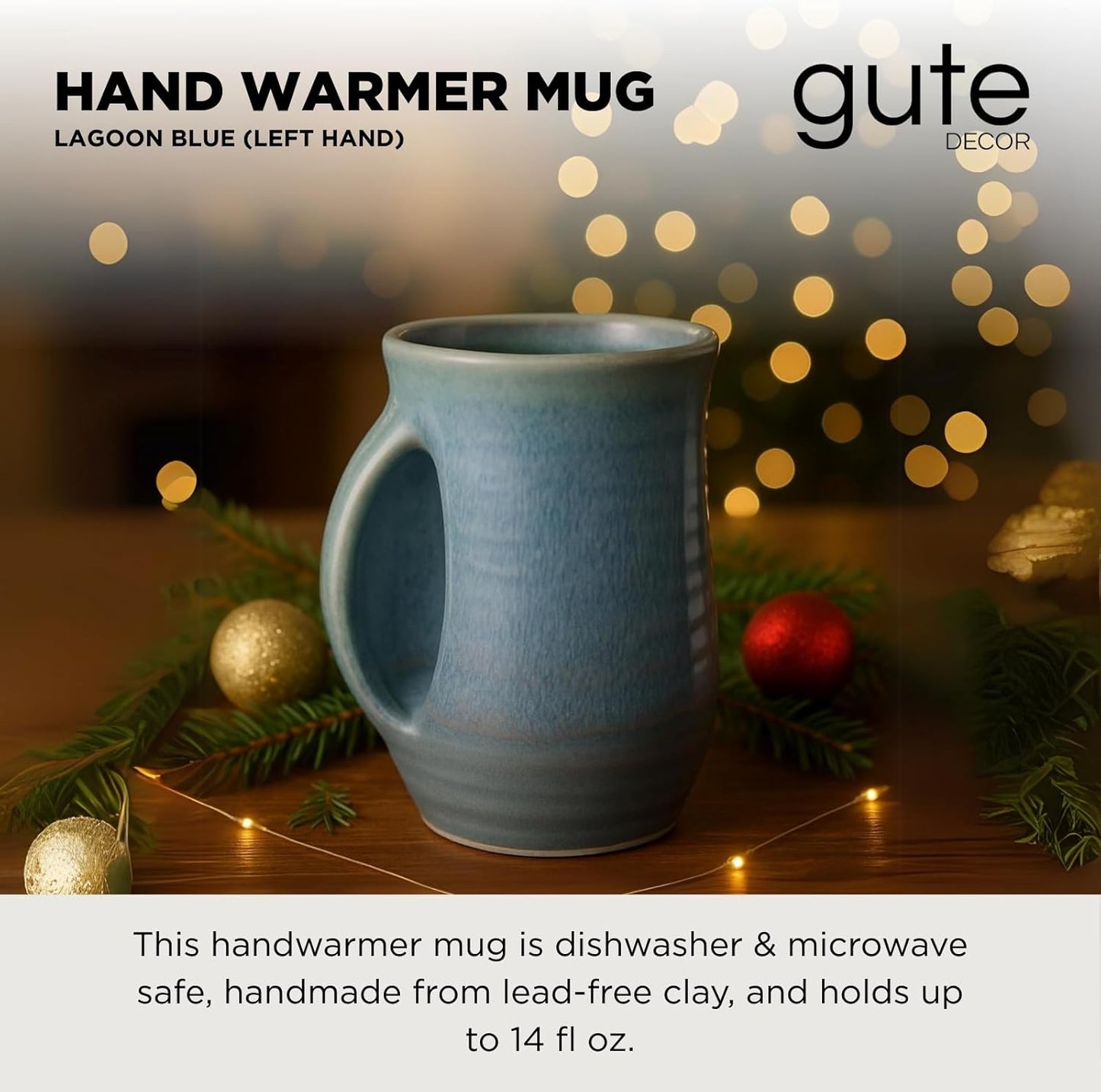 GUTE Hand Warmer Mug, Ceramic and Hand Painted - Contoured Pocket will Hold Warmth From The Heat Of Your Drink To Keep Your Fingers Warm, Comfy Handwarmer (Lagoon Blue) (Left hand)