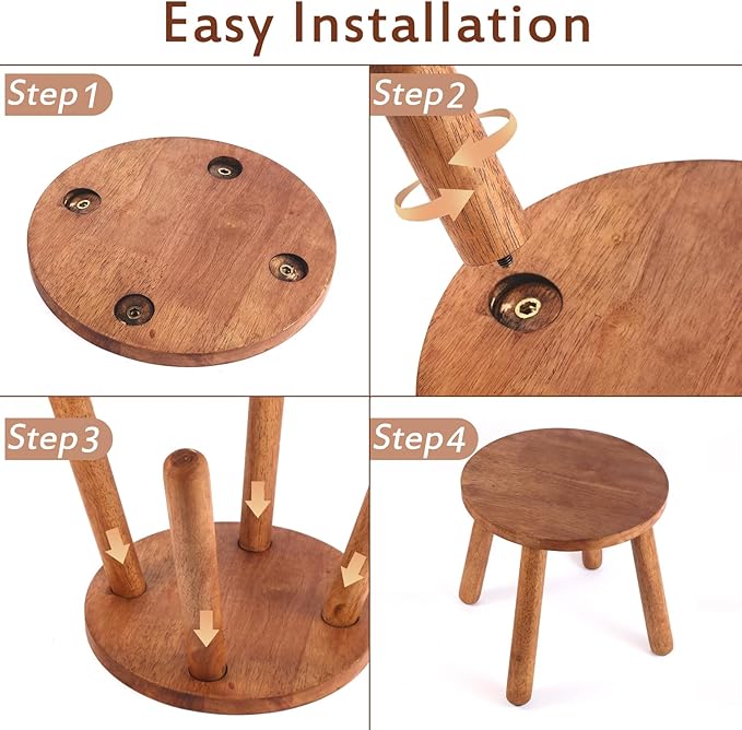 Round Solid Wooden Step Stool， Garden Stool，11.8''H,Plant Stool ，Wood Legs Detachable for Plant Stand, Kitchen, Bathroom，Bedroom，Livingroom (Walnut, 11.8inch)