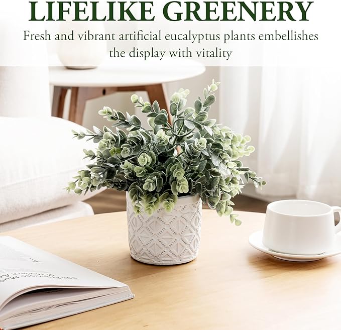 MyGift Artificial Eucalyptus Plant in Modern Gray Concrete Pots with Geometric Embossed Pattern (1, White)