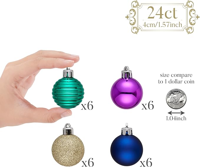 Valery Madelyn 1.57 Inches Small Christmas Tree Decorations Ornament Set for Fall Halloween, 24ct Peacock Purple Blue Shatterproof Hanging Ball Ornaments Holiday Party Decor