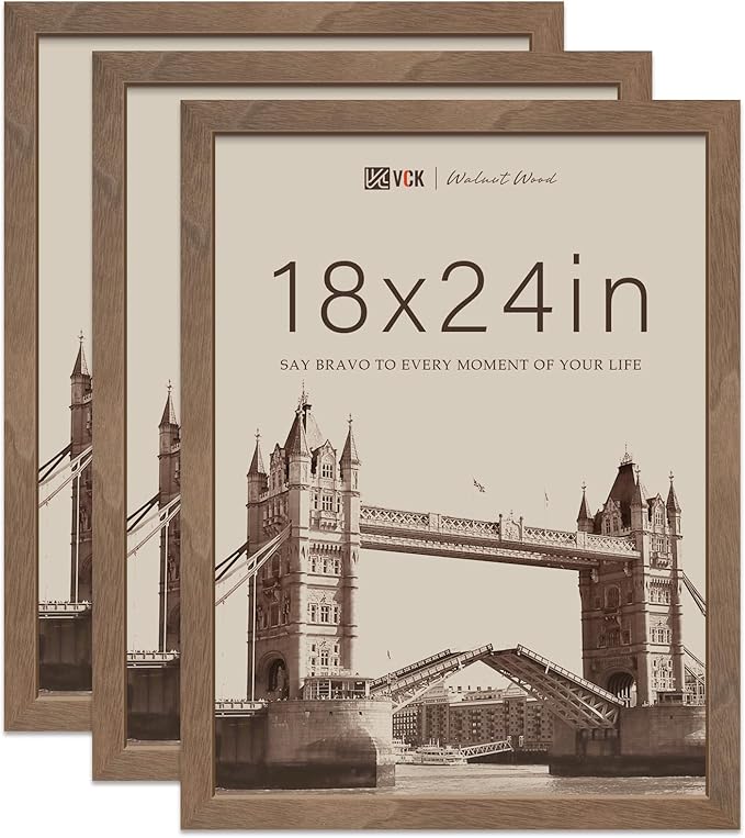 VCK 18x24 Poster Frame Brown Walnut - 3 Pack, Exclusive Natural Wood Grain Solid Wood Picture Frame, Wall Hanging