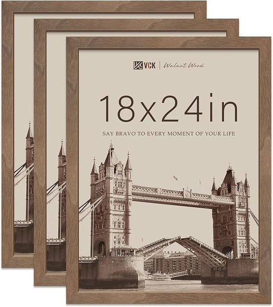 VCK 18x24 Poster Frame Brown Walnut - 3 Pack, Exclusive Natural Wood Grain Solid Wood Picture Frame, Wall Hanging