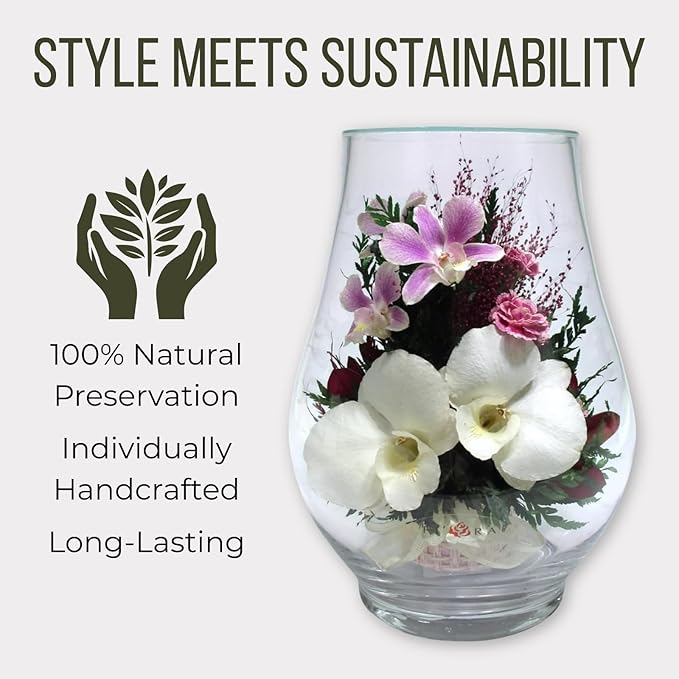 Fiora Flower Elegant Orchid Arrangement in Glass Vase | Preserved Real Orchids Lasting 5 Years | Ideal for Home Decor or Romantic Gift (Opal)