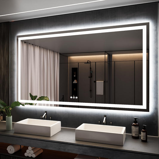 ISKM 72'' x 40'' LED Mirror for Bathroom Lighted Vanity Mirror for Wall Front Lights + Backlit LED Bathroom Mirror Anti-Fog Tempered Glass ETL Listed