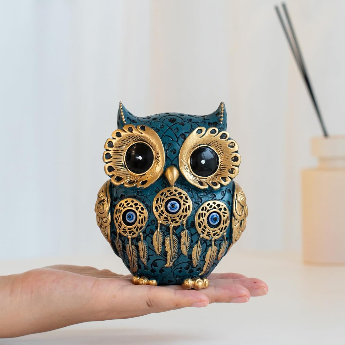 Decorative Owl Figurine, Vintage Blue and Gold Owl Statue Home Decor - Evil Eye Accent for Bookshelf, Bedroom, Living Room, Office & Table. Cute Small Animal Sculpture Gift for Birds Lovers.(Blue)