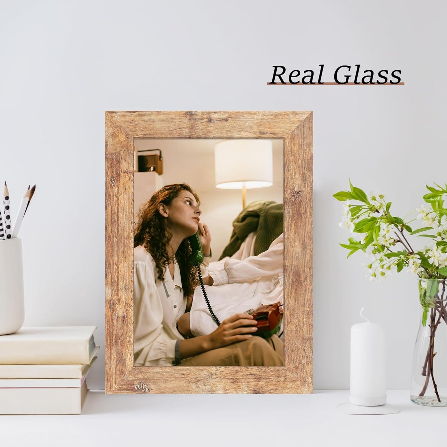 iRahmen 6x9 Picture Frame Set of 4, High Definition Real Glass Rustic Brown Frame, 6 x 9 Wood Photo Frames for Tabletop Display and Wall Mounting