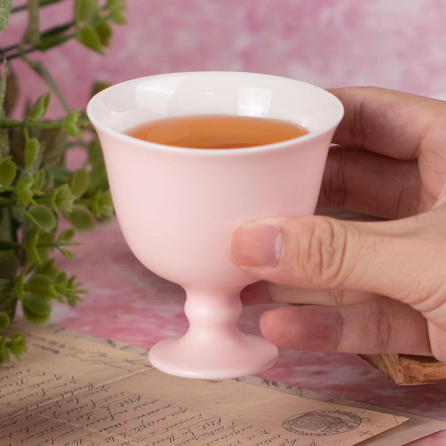 KAMMAK Ceramic Tea Cups Small, Cute Vintage Coffee Cup Set of 2, Porcelain Teacups Espresso Mug, 4oz Hand Painted Chinese Afternoon Tea Party Mugs, Birthday Gift for Women Men, Song Tall Footed