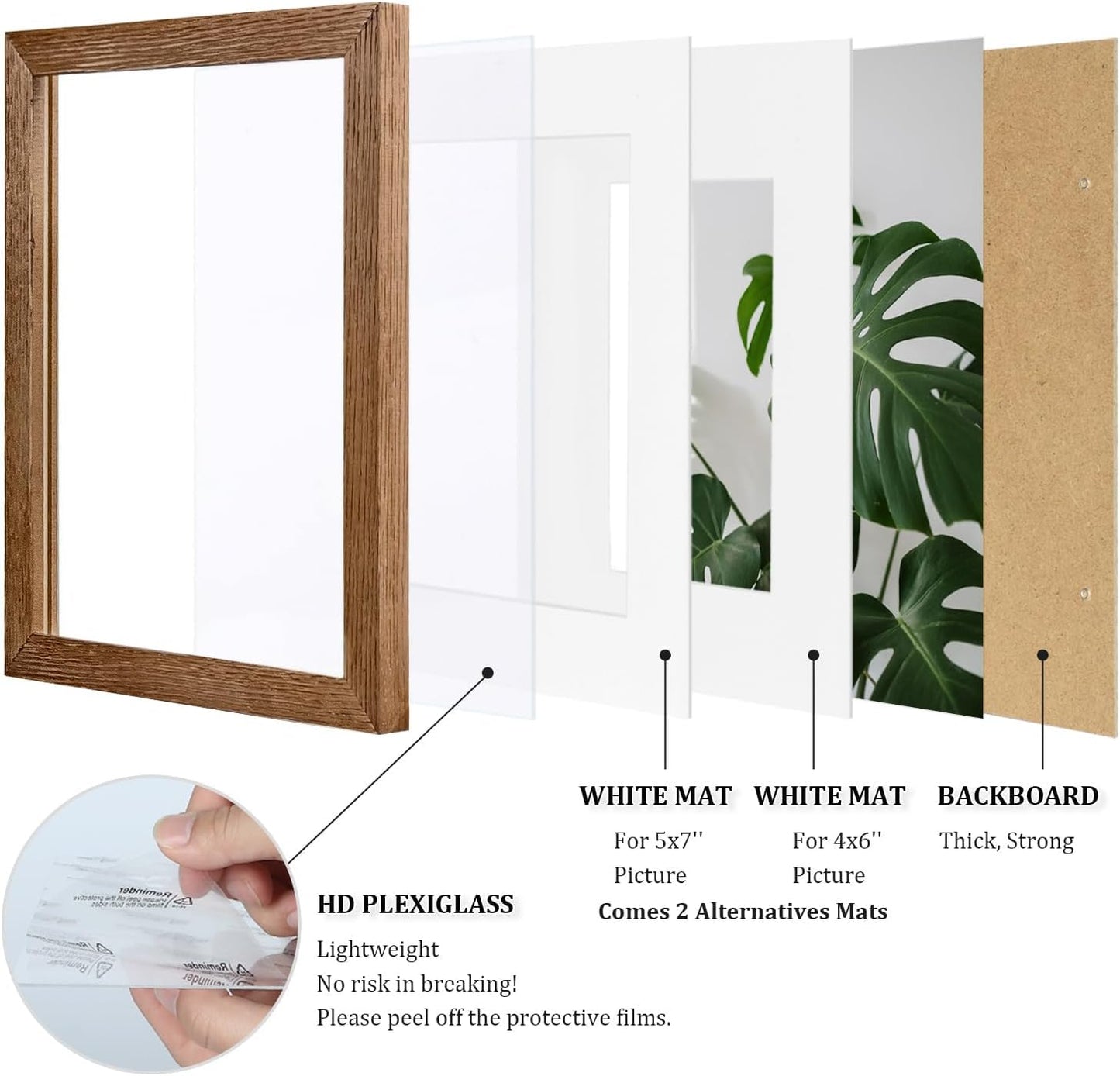 Egofine 8x10 Picture Frames Set of 4, Made of Solid Wood Covered by Plexiglass 4x6 and 5x7 with Mat or 8x10 without Mat, for Table Top Display and Wall Mounting Photo Frame,Walnut Brown