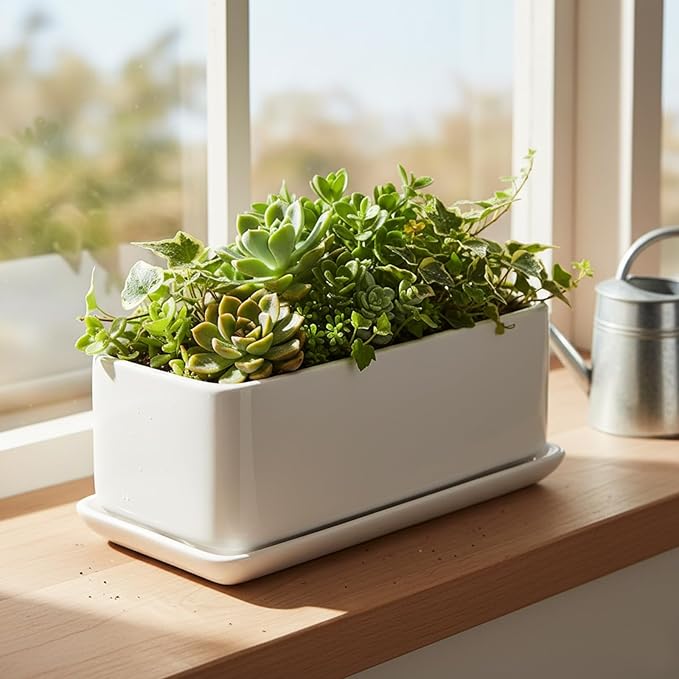 MyGift 10 Inch Modern Unglazed White Ceramic Indoor Plant Pot with Drainage Hole, Rectangular Succulent Planter Window Box with Removable Saucer, 1 Pack