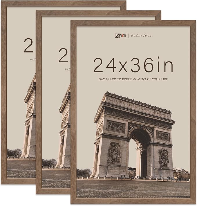 VCK 24x36 Poster Frame Brown Walnut - 3 Pack, Exclusive Natural Wood Grain Solid Wood Picture Frame, Wall Hanging