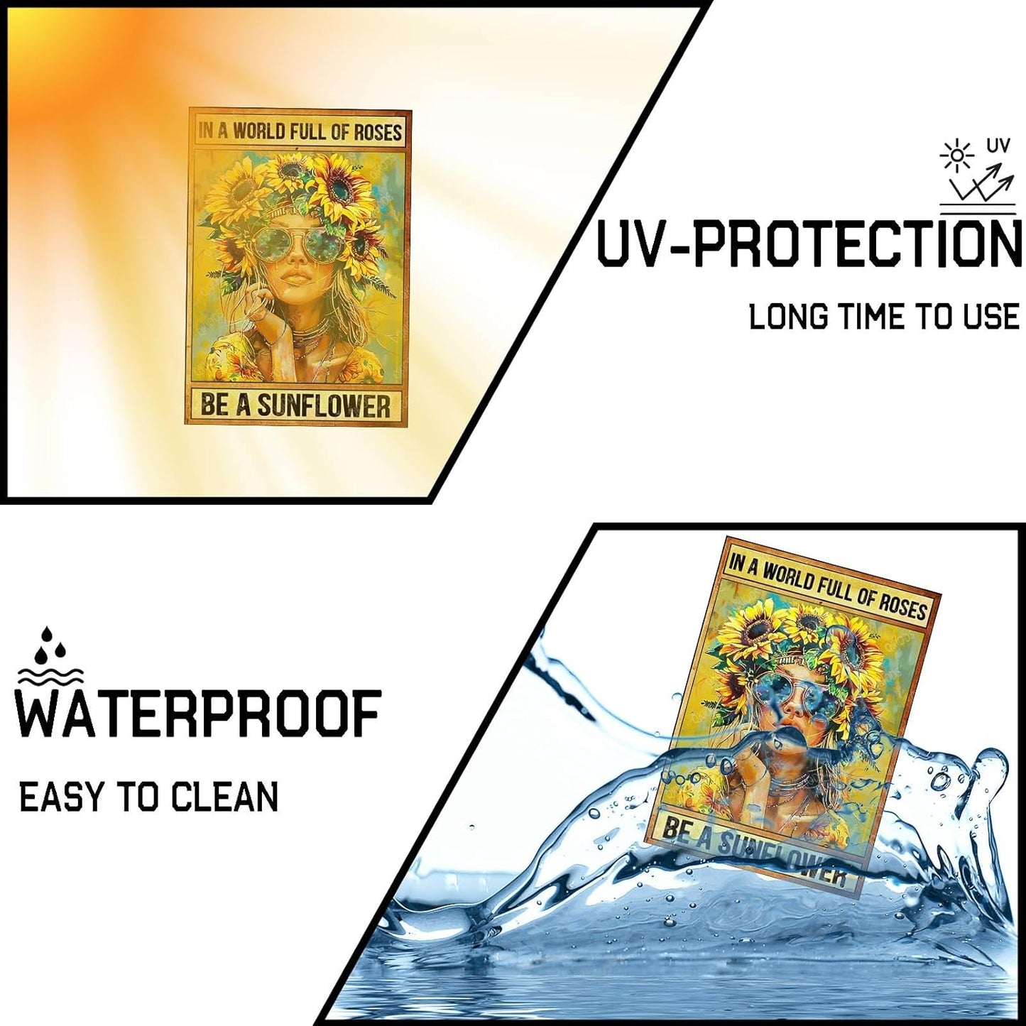 In A World Full Of Roses Be A Sunflower Retro Tin Sign Funny Metal Signs Gift for Women Home Office Living Room Bedroom Garden Yards Wall Decoration 8×12 Inches