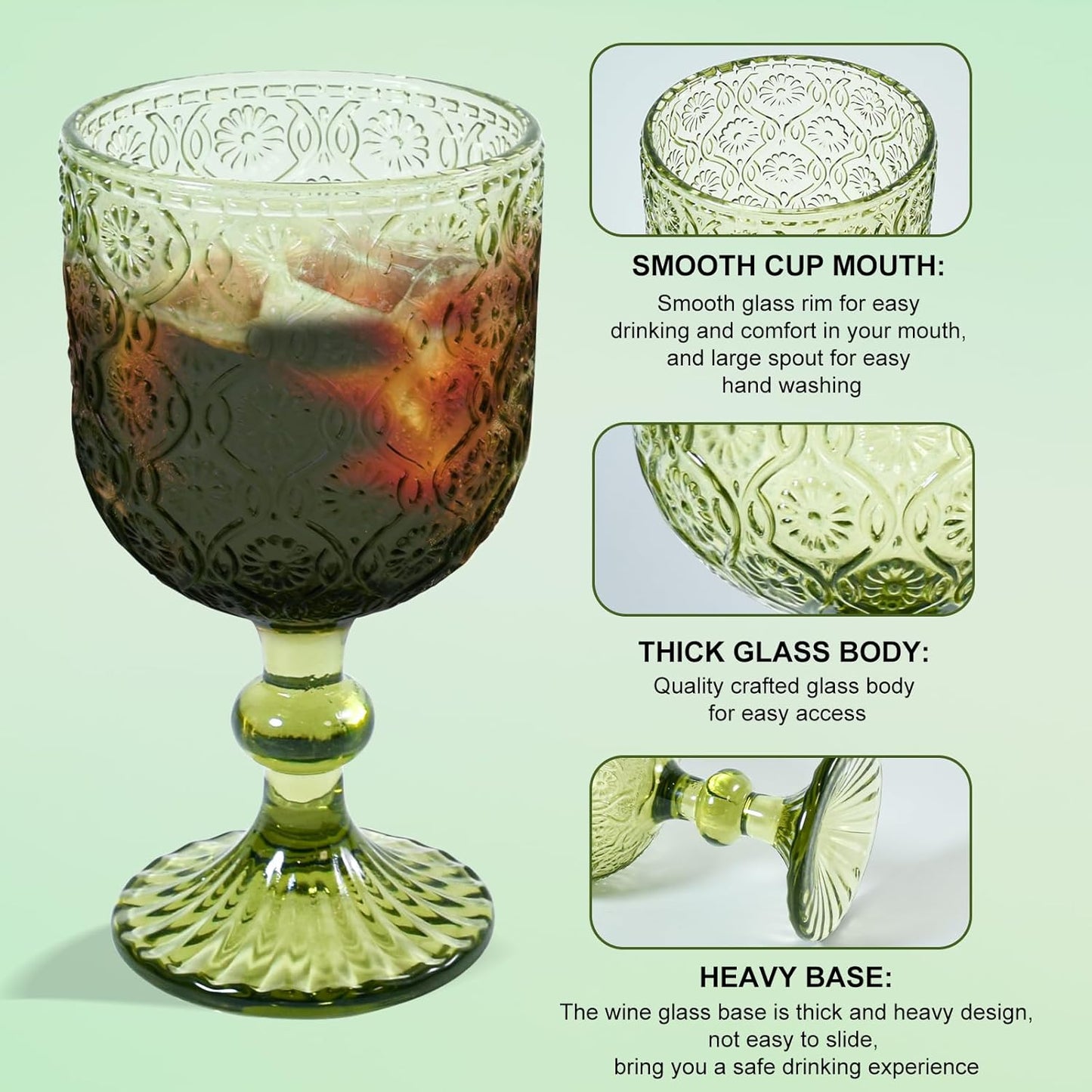 Green Vintage Wine Glasses set of 6 Goblets Glassware, 14 oz Green Wine Glasses, Vintage Colored Glass Goblet for Wedding, Party, Red Wine Glass, Bars, Restaurants Dishwasher Safe