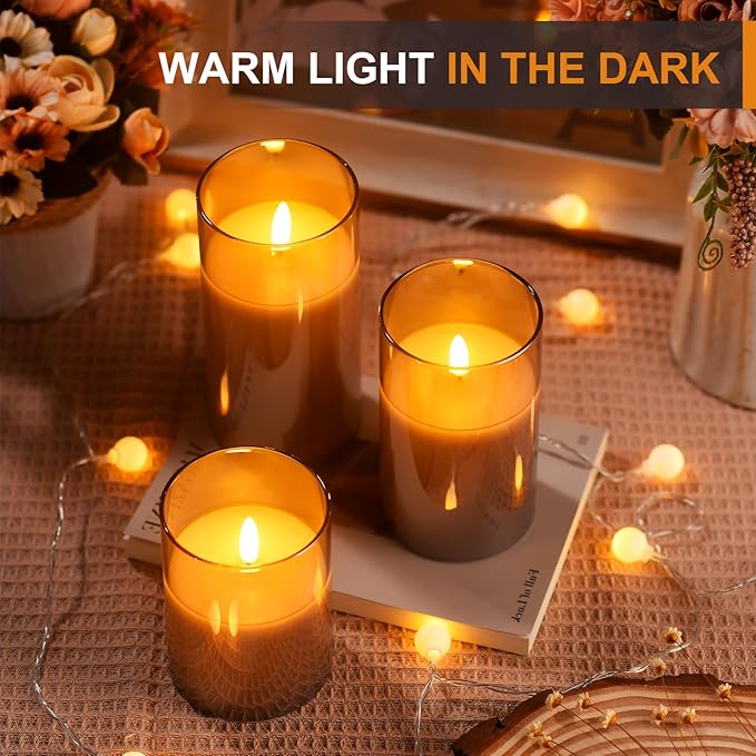Tyawon Glass Battery Operated LED Flameless Candles with Remote and Timer, Real Wax Candles Warm Color Flickering Light for Festival Wedding Home Party Decor(Pack of 3)-Grey