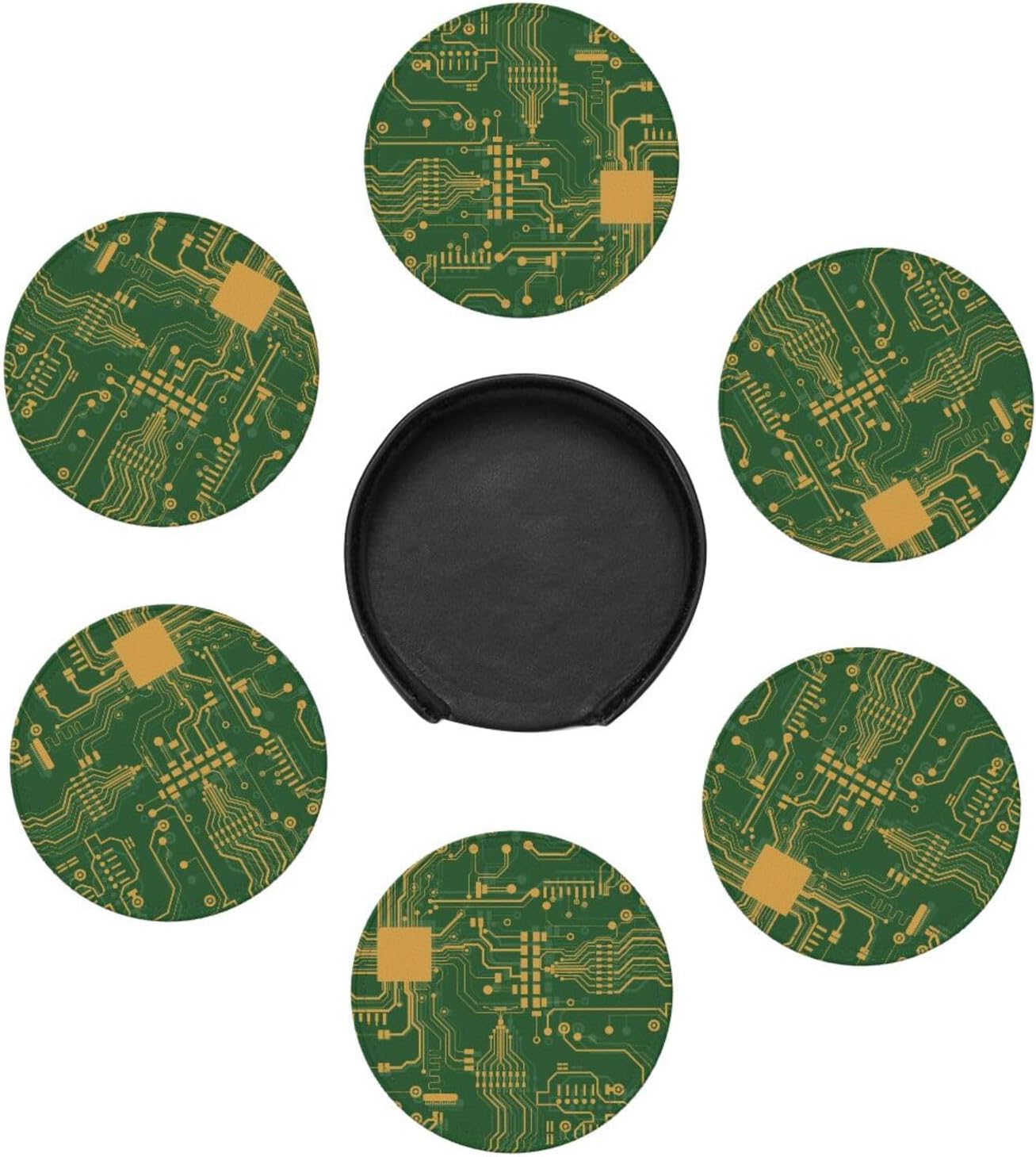 Green Circuit Board Leather Drink Coasters Set of 6 with Holder Round Cup Coaster for Table Decor