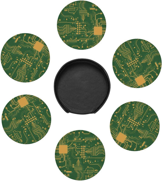 Green Circuit Board Leather Drink Coasters Set of 6 with Holder Round Cup Coaster for Table Decor