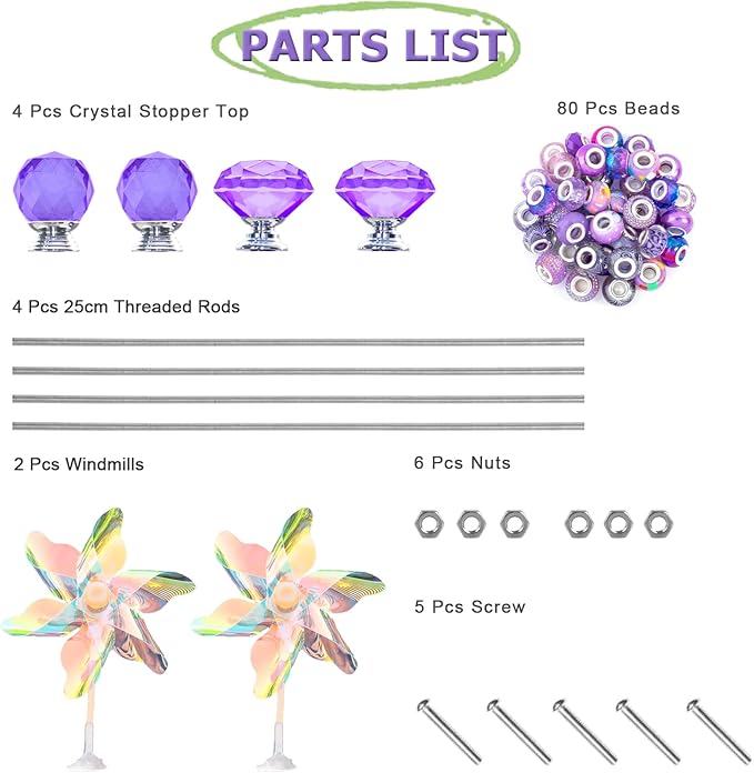 101 PCS Beaded Garden Stakes Kit, DIY Fairy Wand Garden Stake Beads Kits with Purple Large Hole Beads 4 Crystal Stopper Top Threaded Rods and 2 Colored Small Windmills for Outdoor Indoor Decor