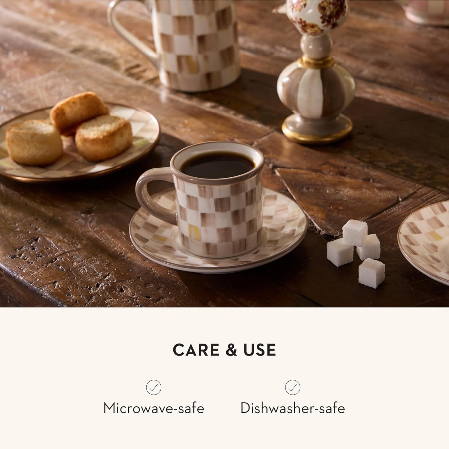 MACKENZIE-CHILDS Set of 2 Stoneware Espresso Cup and Saucer, Cute Coffee Cups, Brown-and-White Mocha Check