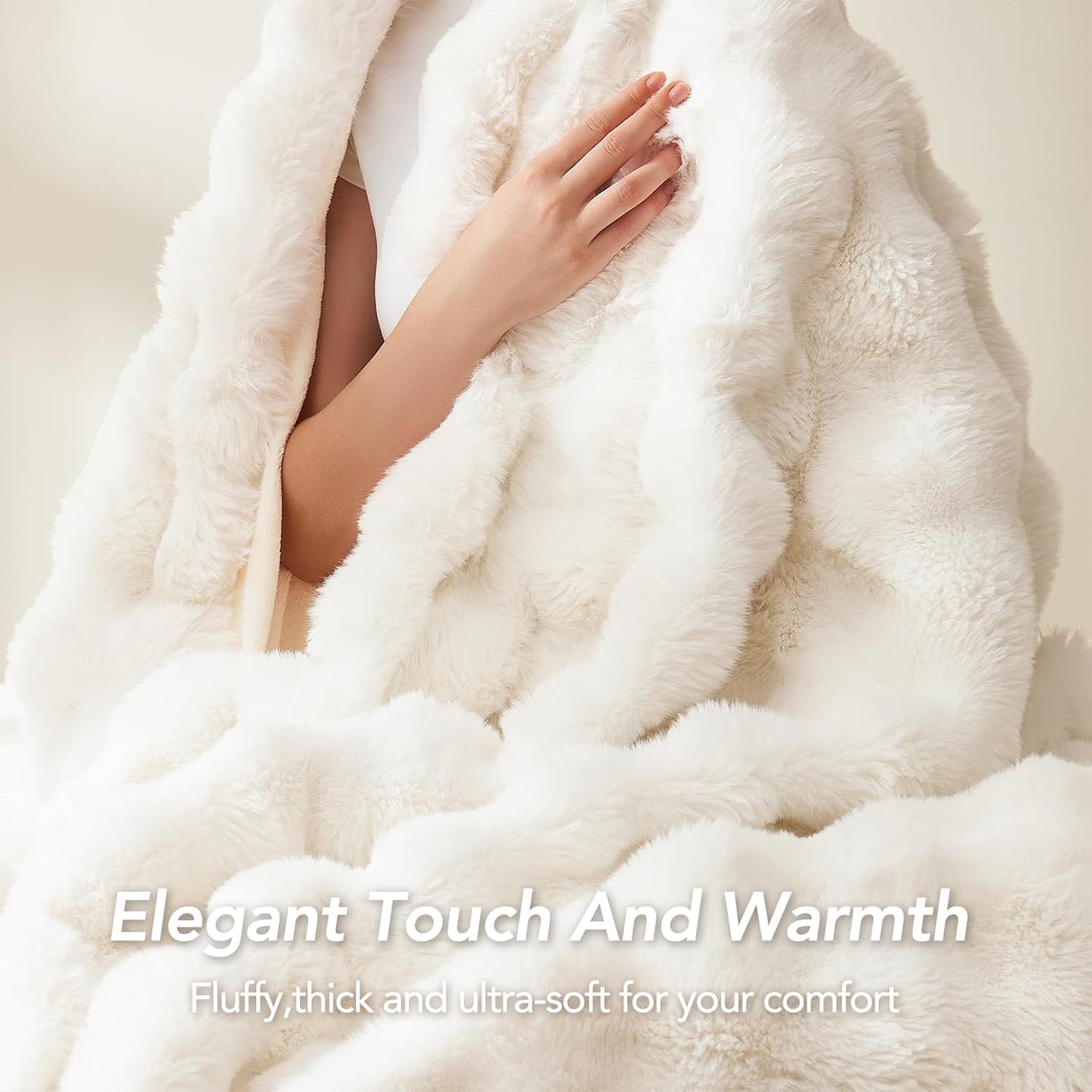 L'AGRATY Faux Fur Throw Blanket: 60" x 80" Luxury Soft Fluffy Thick Rabbit Fur Blankets for Twin Bed Couch - Cozy Plush Bubble Blankets for Winter: Warm Flannel Fleece Decorative Blanket(Cream White)
