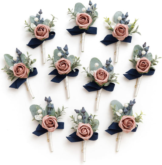Ling's Moment Boutonniere for Men, 10pcs Groomsmen Guest Boutonniere, Artificial Flowers for Wedding Décor/Prom/Homecoming,etc.Dusty Rose Navy Blue