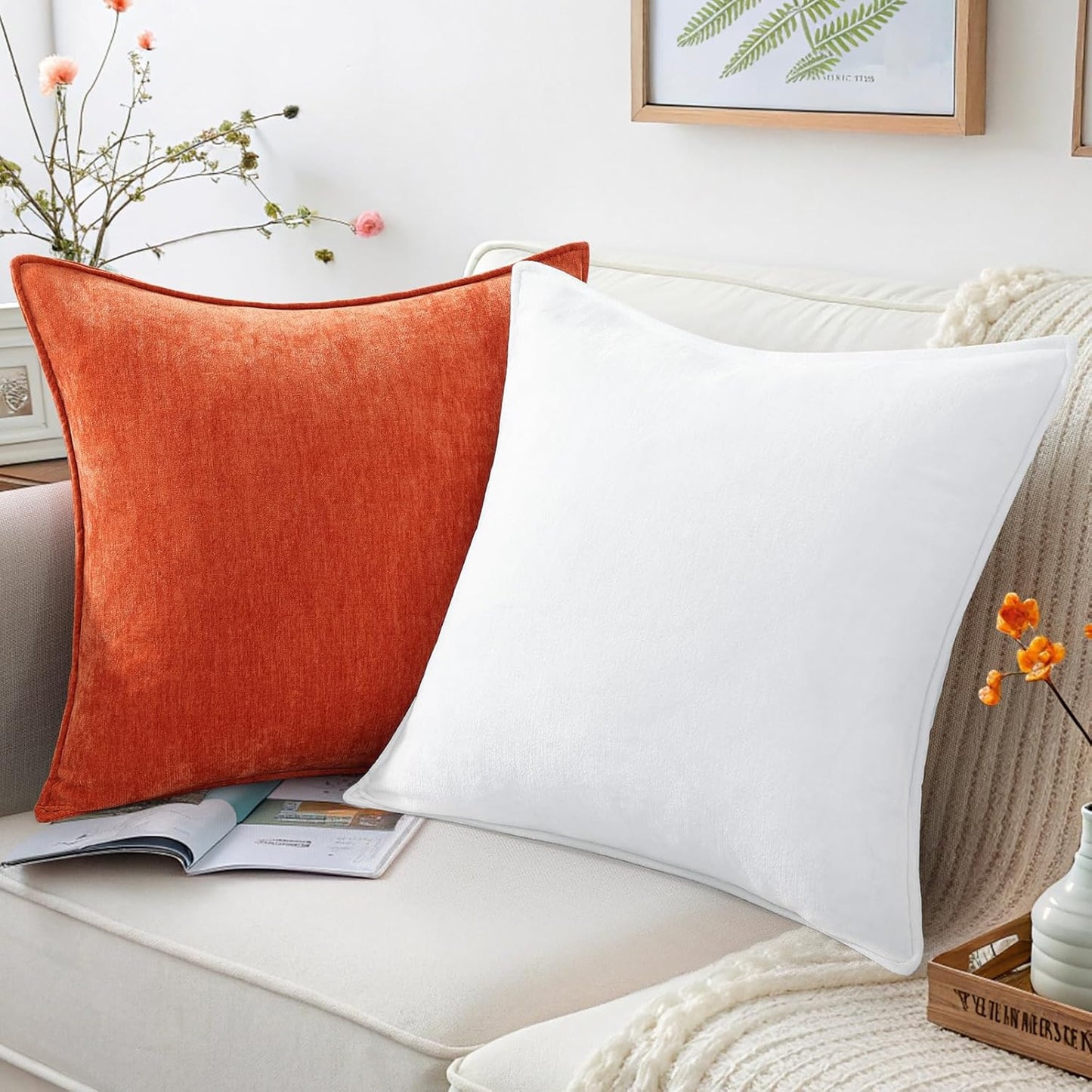 decorUhome Fall Couch Throw Pillow Covers 18x18 Set of 2, Decorative Soft Euro Neutral Chenille Pillow Covers with Elegant Design for Sofa Bed Living Room Home Decor, Rust