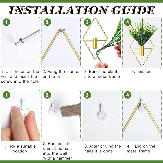 2 Pieces Gold Wall Decor Hanging Planters with Artificial Plants Metal Vase Indoor Plants Holder Modern Geometric Wall Art for Home Bathroom Bedroom Living Room Office(Aquatic Plant,Small)