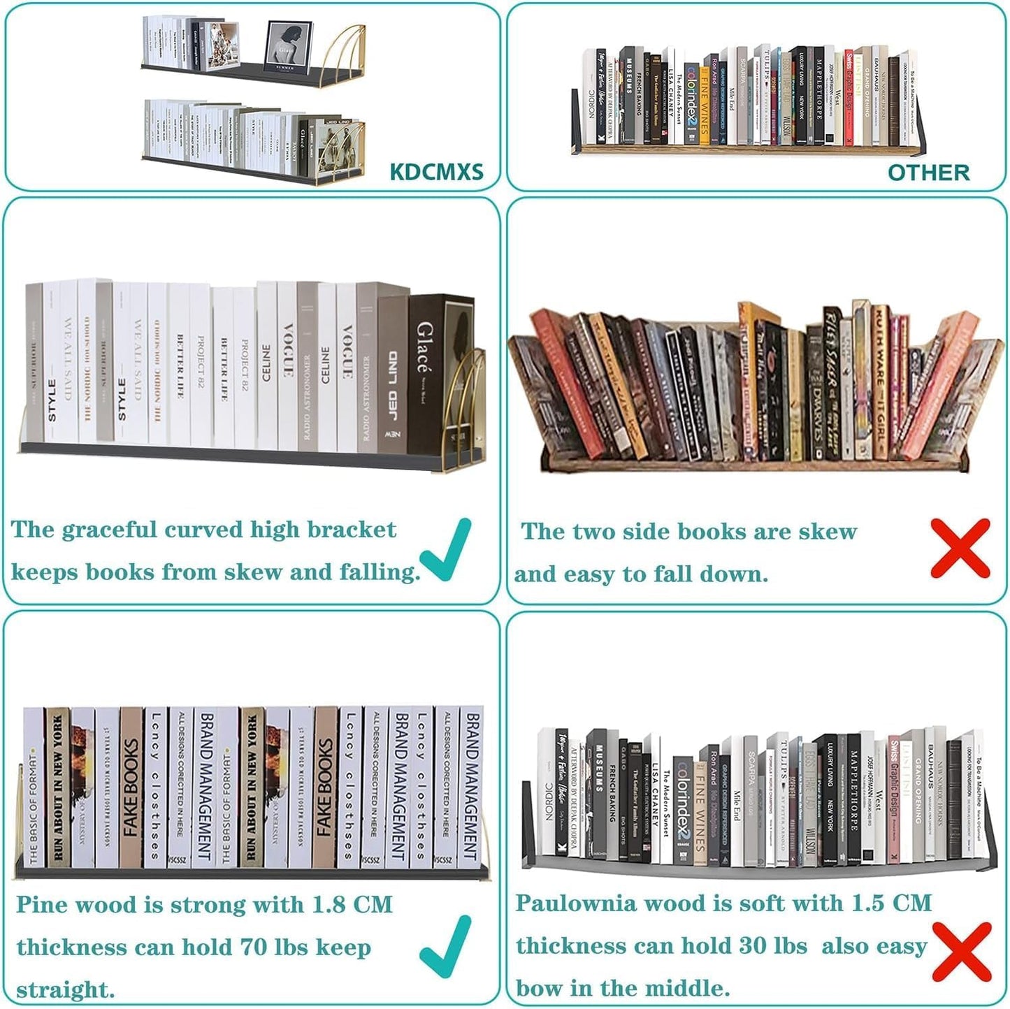 Long 36 inch Black Floating Shelves for Wall - Curved Fan-Shaped Design with Built-in Anti-Slip Book Stops|0.71" Thicker Heavy Duty Wall Bookshelf|Back Gold Shelves for Books, Home Décor Set of 2